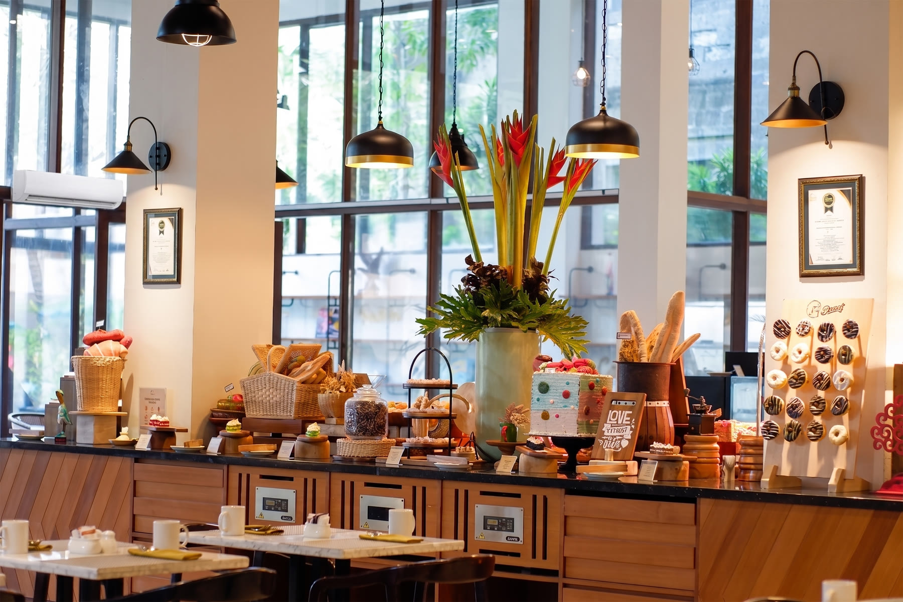 The breakfast buffet and pastry counter
